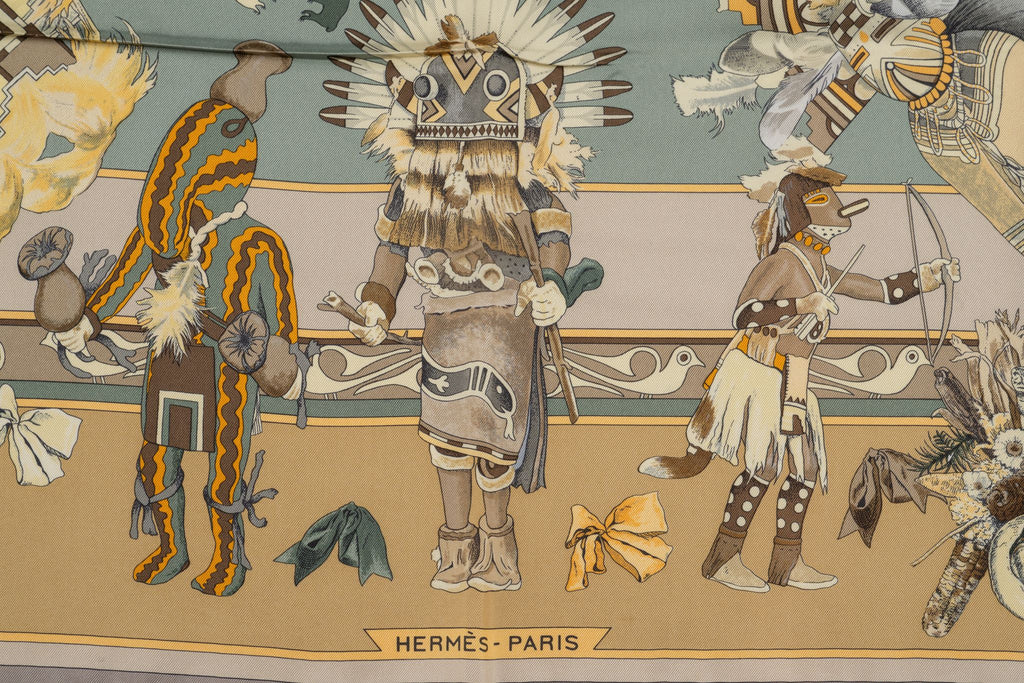 Hermès "Kachinas" Beige Silk Scarf