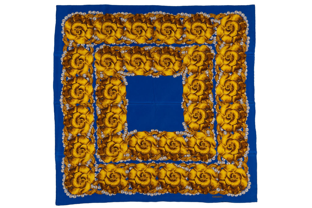Chanel Vintage "Camellias" Blue Scarf