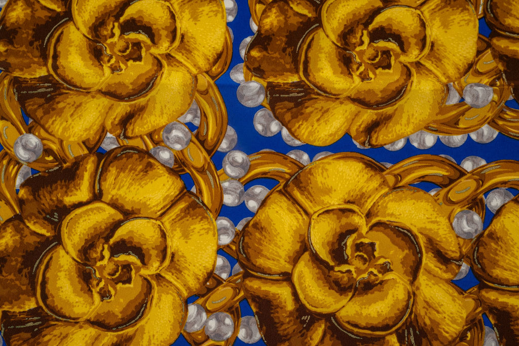 Chanel Vintage "Camellias" Blue Scarf