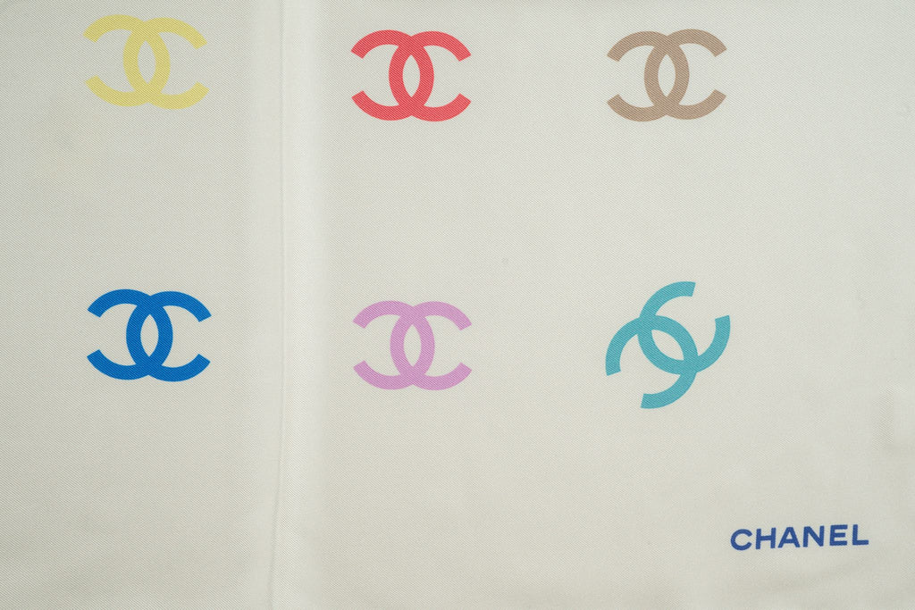 Chanel New Silk White CC Logo Scarf