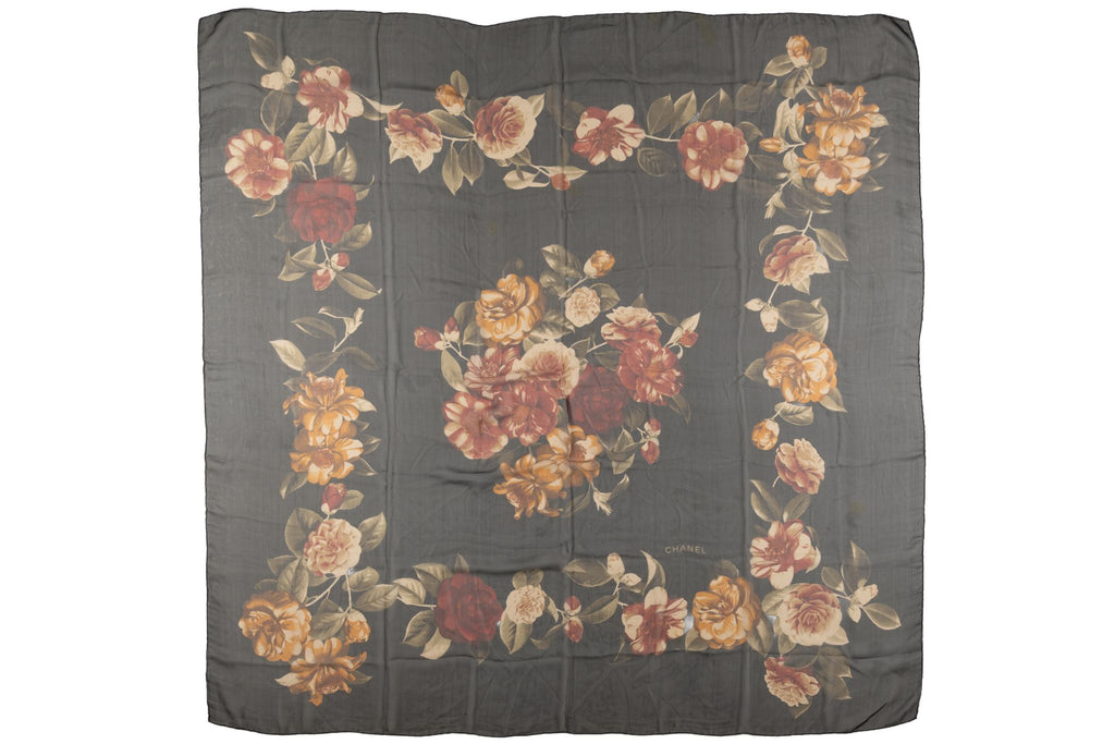 Chanel Black Floral Silk Chiffon Shawl