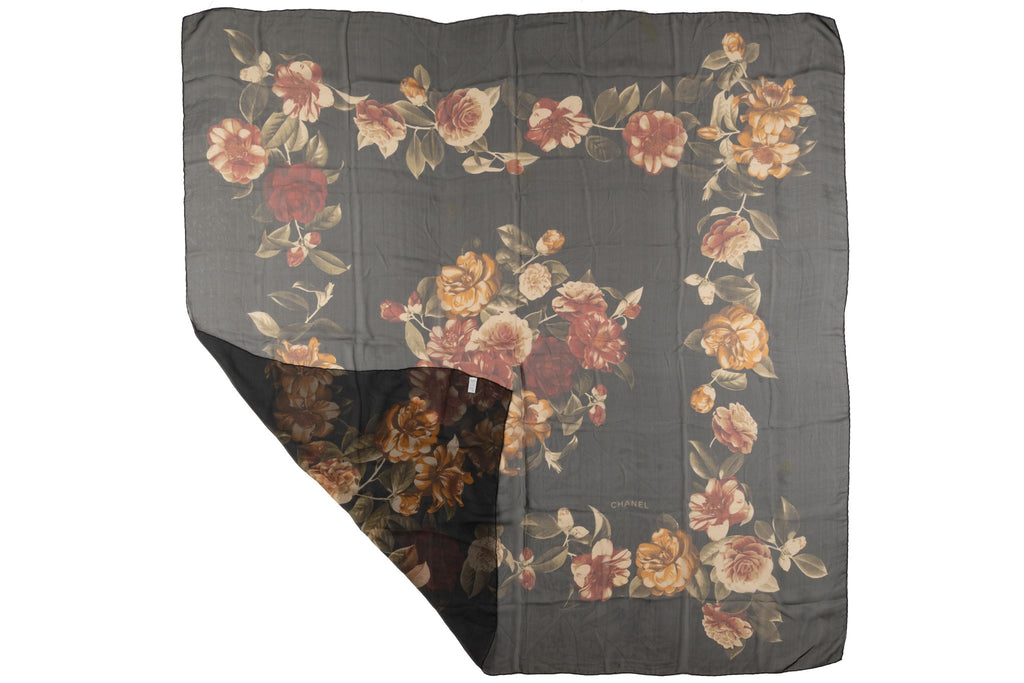 Chanel Black Floral Silk Chiffon Shawl