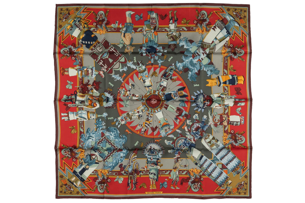 Hermès New Taupe Red Kachina Silk Scarf