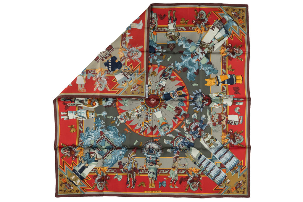 Hermès New Taupe Red Kachina Silk Scarf