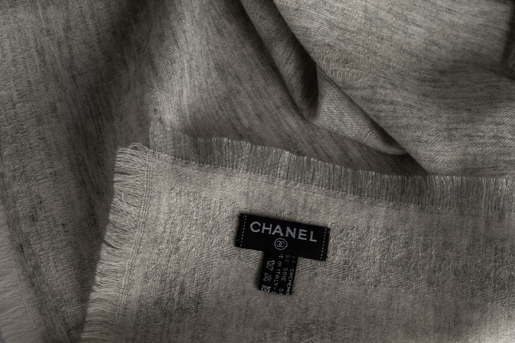 Chanel New Grey Cashmere Shawl With Logo