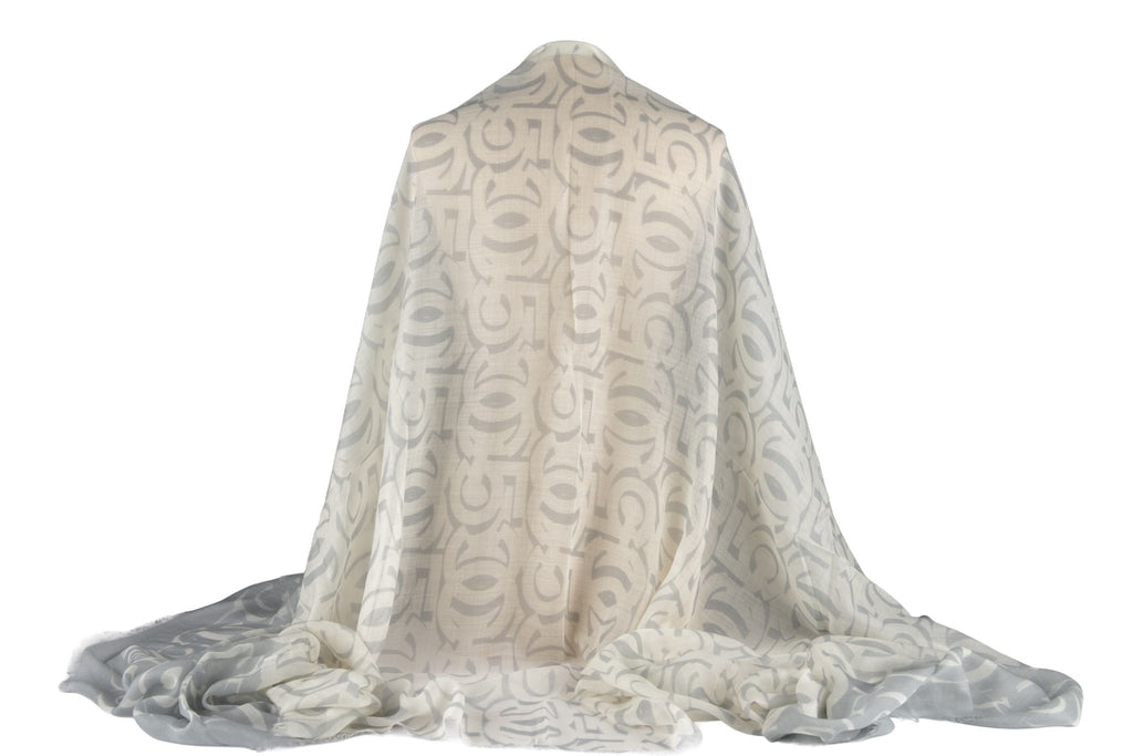 Chanel White Grey Logo CC Cashmere Shawl