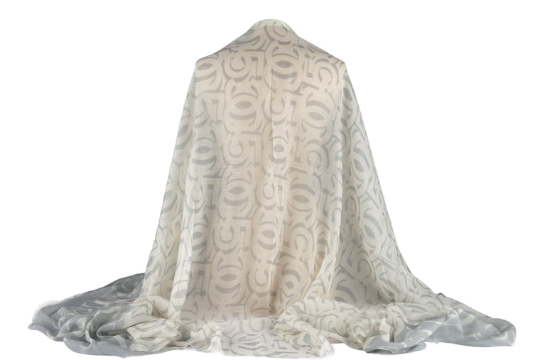 Chanel White Grey Logo CC Cashmere Shawl