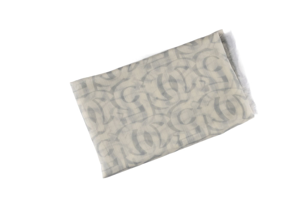 Chanel White Grey Logo CC Cashmere Shawl