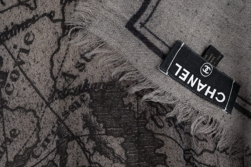Chanel New Gray Cashmere Map Shawl
