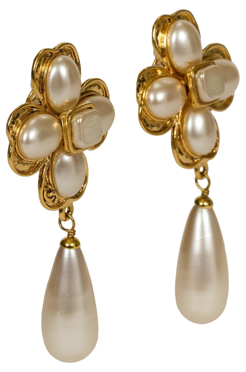 Chanel Gripoix Ruby Crackle Glass Pearl Drop Earrings