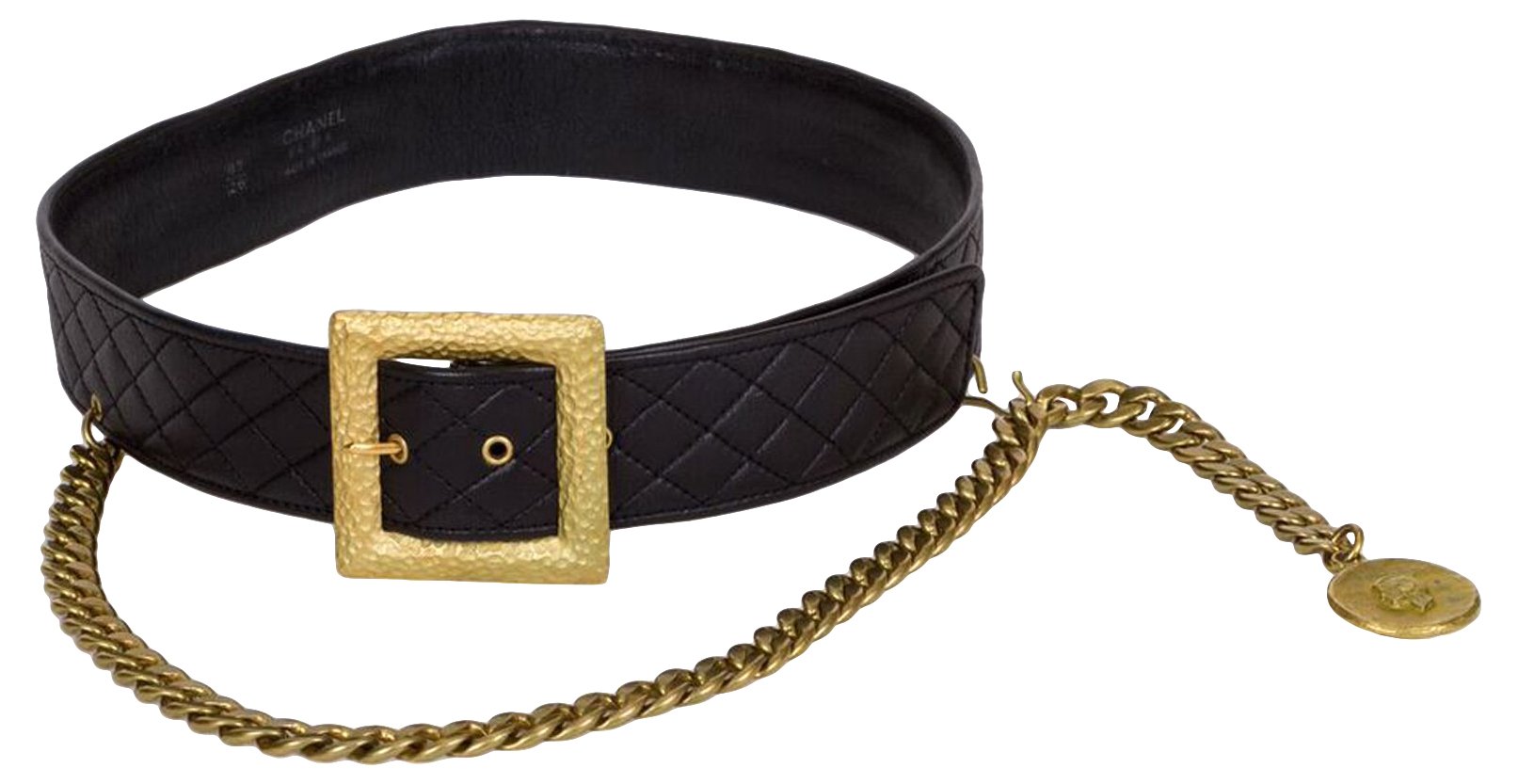 CHANEL Quilted Leather Gold Chain Buckle Belt Black