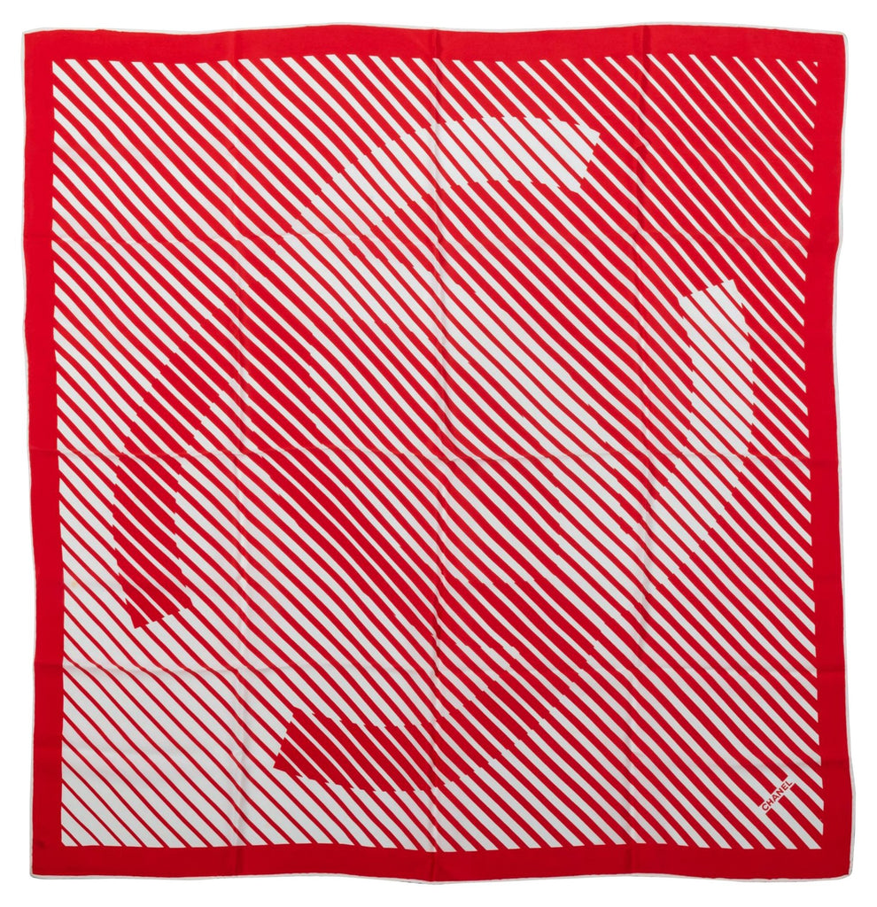 Chanel Red & White Logo Silk Scarf