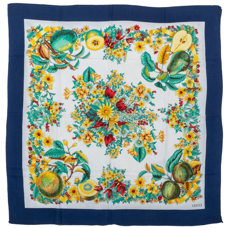 Gucci Floral & Fruits Navy  Silk Scarf