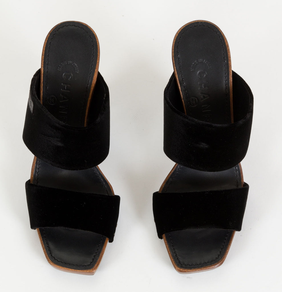 Chanel Black Velvet & Wood Sandals 37.5