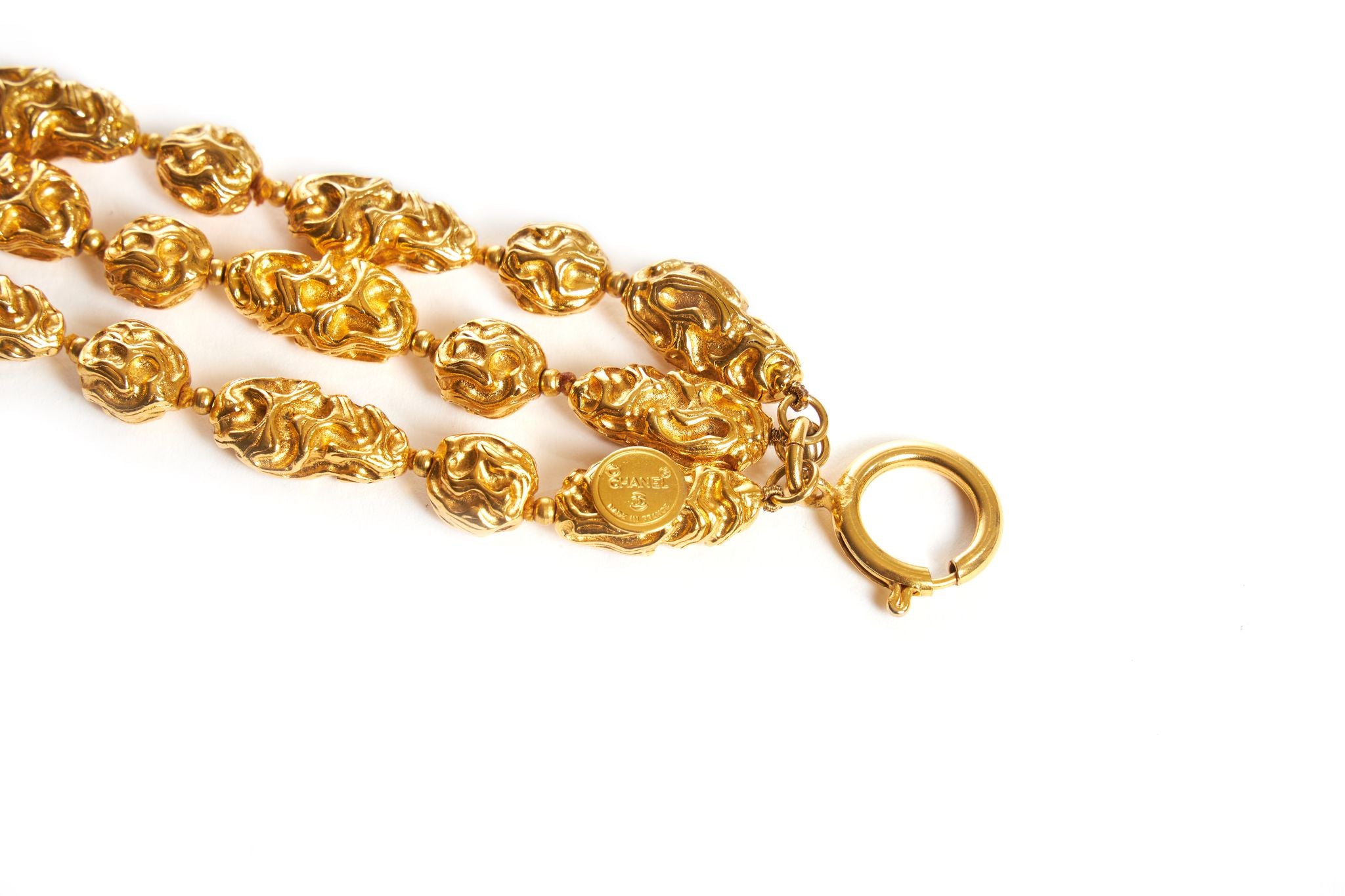 Chanel Vintage Gold Hammered Metal Round Chain Link CC Clover Charm Bracelet  1995 Available For Immediate Sale At Sothebys