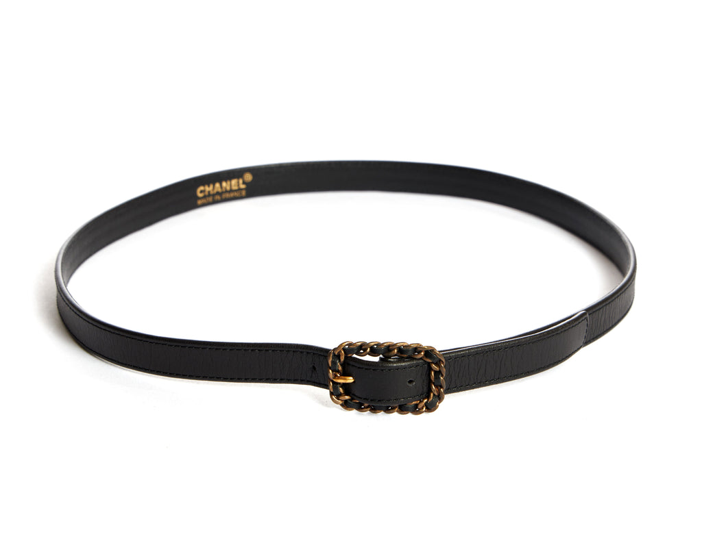 Chanel Thin Black Belt With Chain Buckle