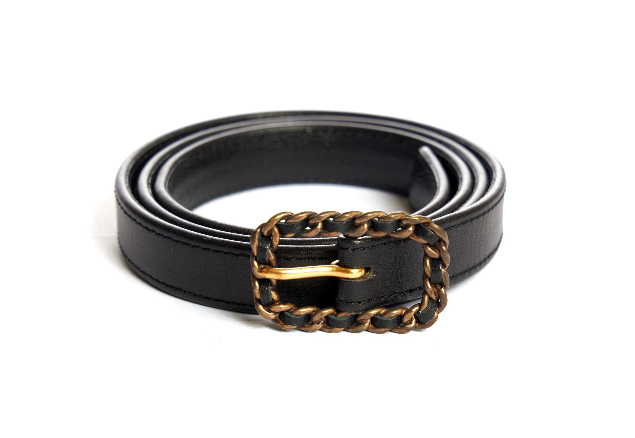 Chanel Thin Black Belt With Chain Buckle - Vintage Lux