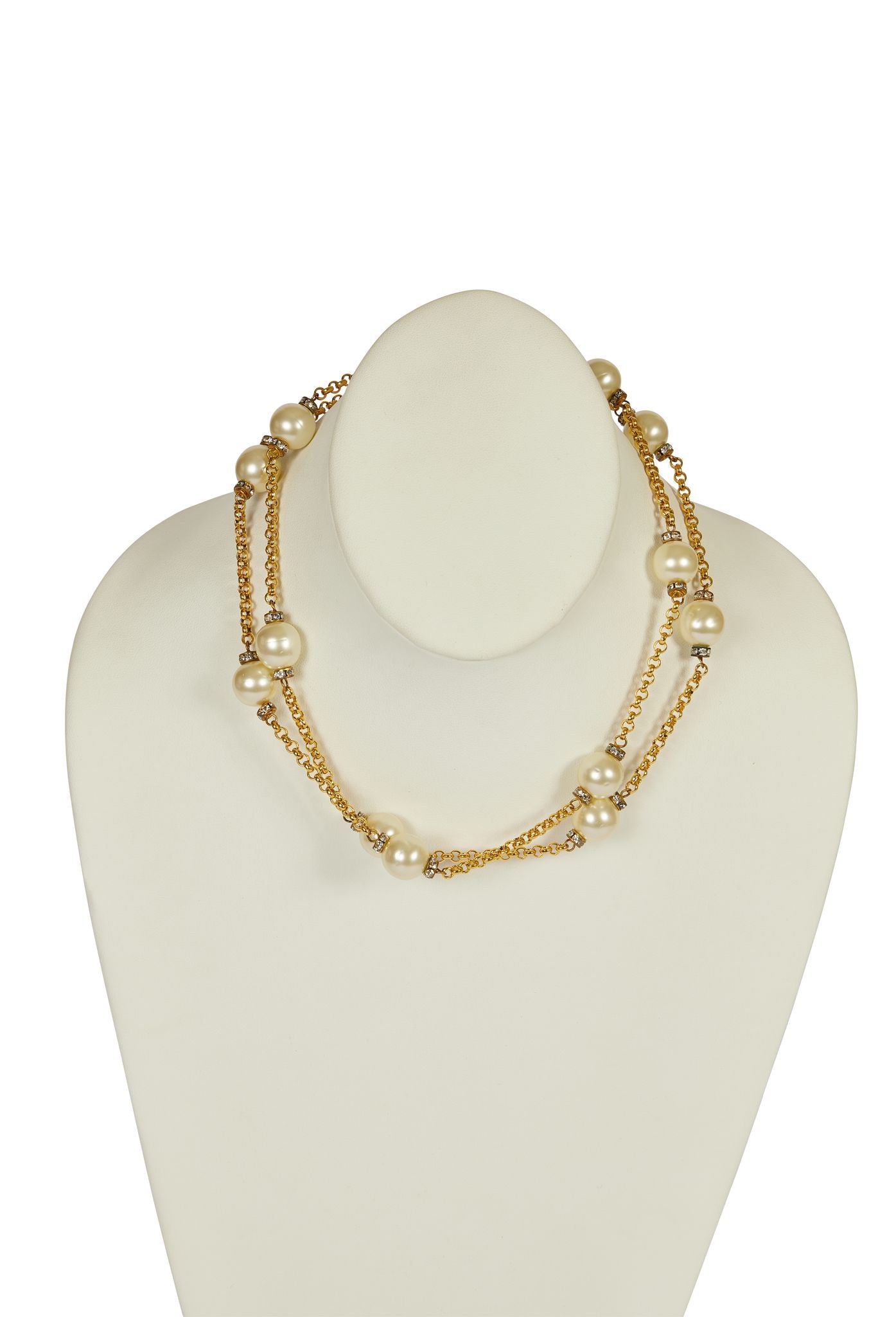CHANEL - Vintage 80s Pearl Strass Crystal Accent - Pearl / Gold Necklace, CHANEL