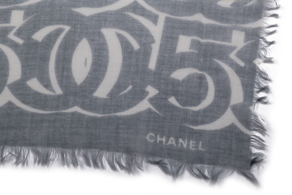 Chanel White/Grey Logo Cashmere Shawl