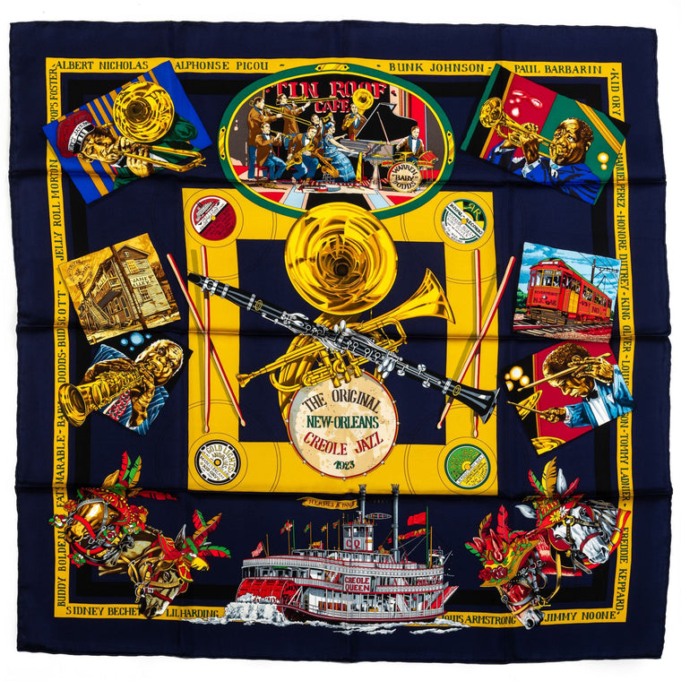 Hermes Navy New Orleans Silk Scarf