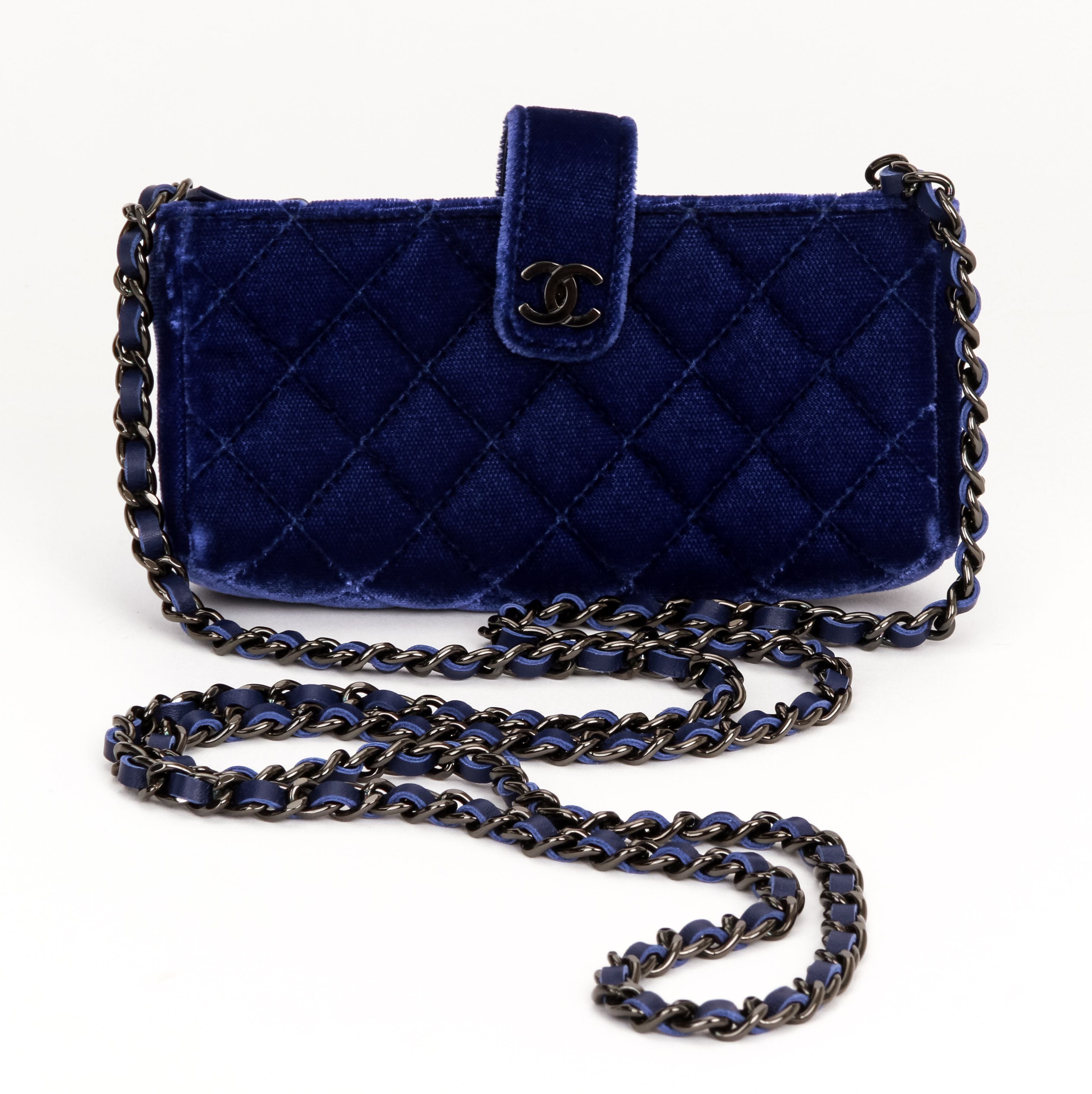 RARE CHANEL MICRO MINI CROSSBODY/SHOULDER BAG, quilted velvet with  interwoven leather and chain strap, front flap closure with leather  interior, 1989-91, 8cm x 7cm x 3cm.