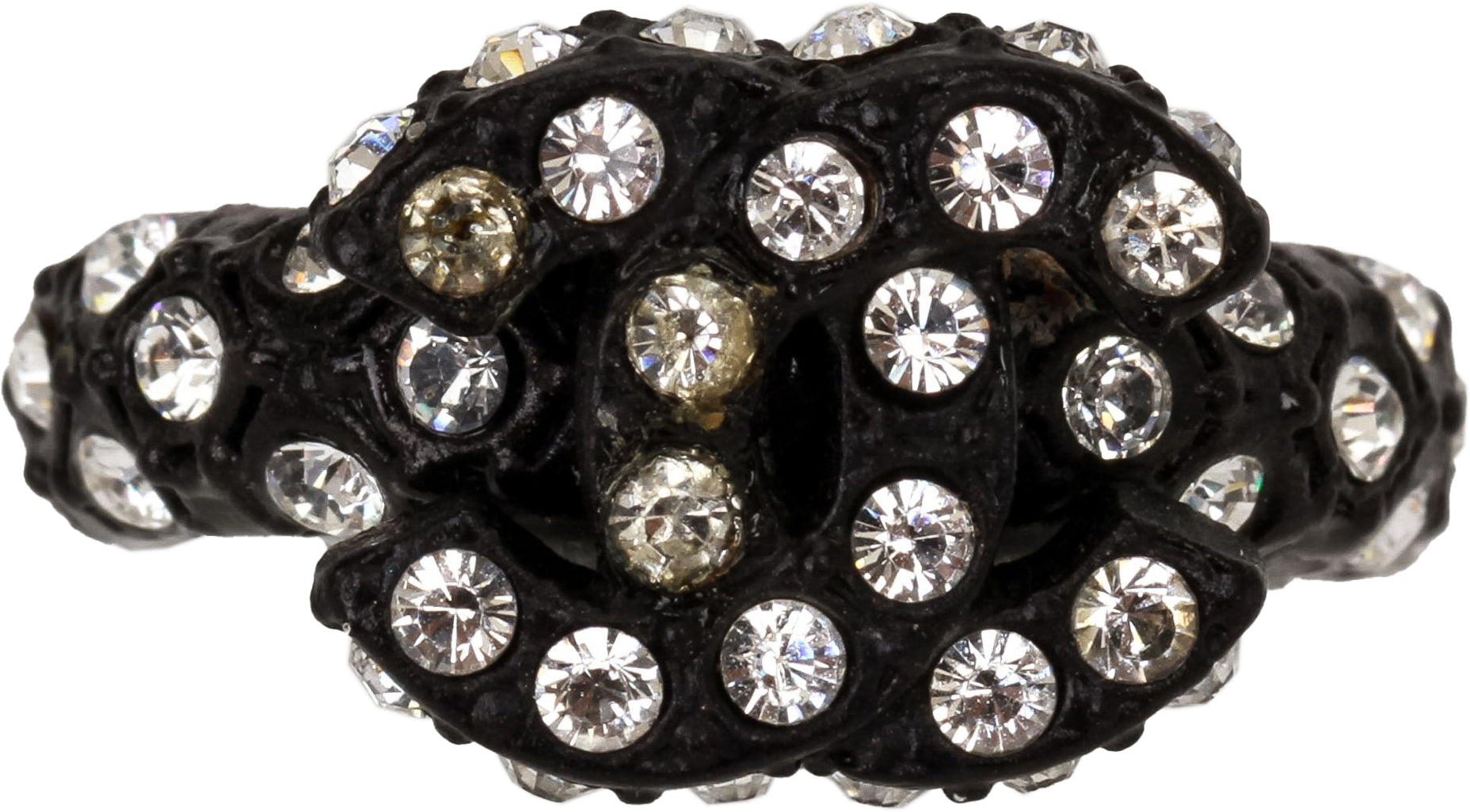 Chanel ring CC black metal rhinestones