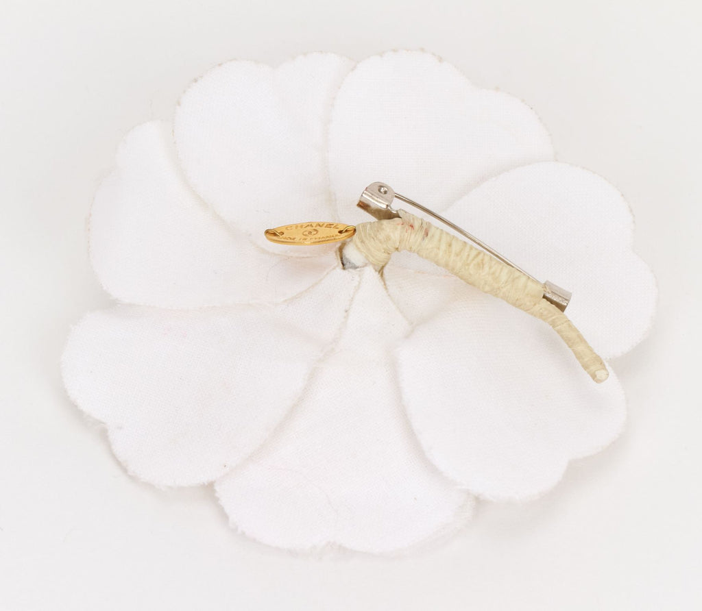 Chanel large white fabric camelia brooch