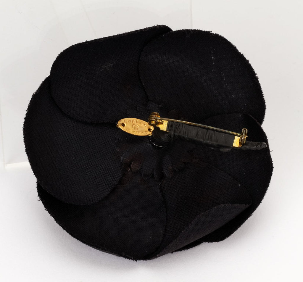 Chanel large black fabric camelia brooch