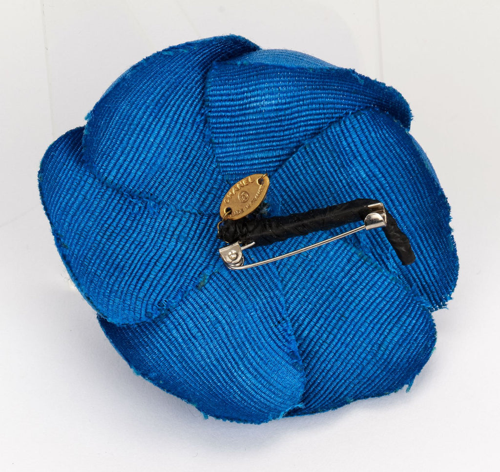 Chanel large blue fabric camellia brooch