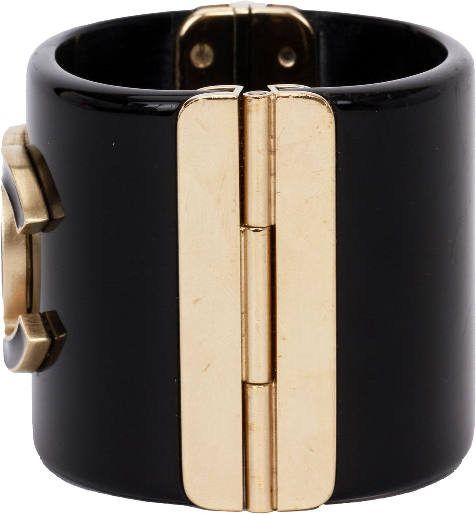 Chanel black lucite hinged oval cuff cc