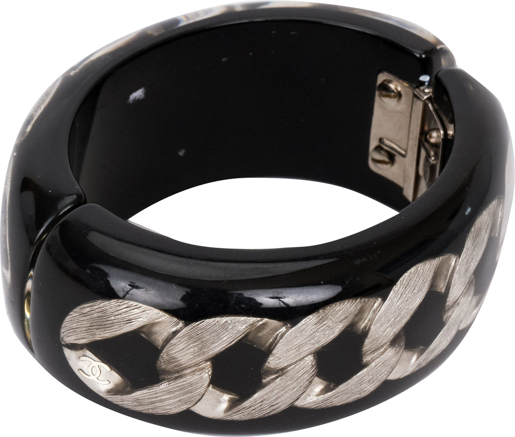 Chanel black lucite hinged inlay cuff