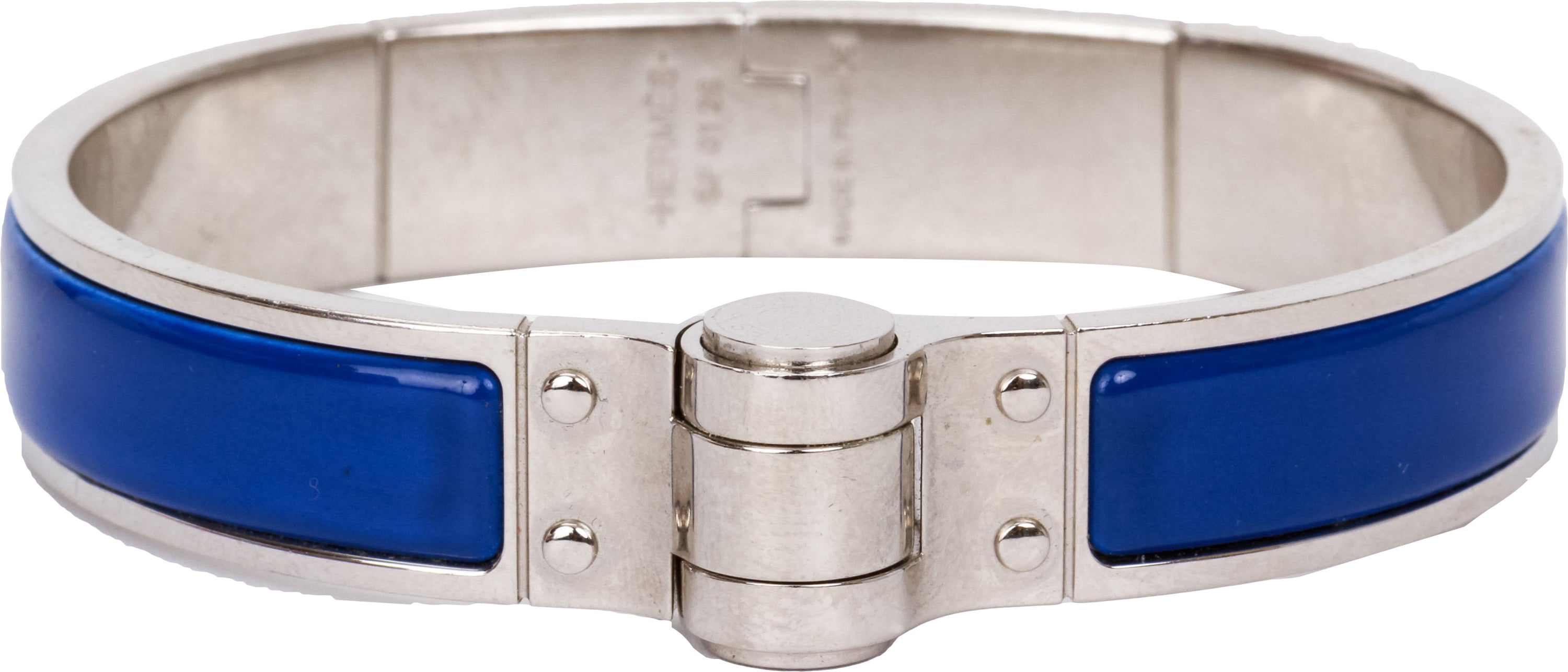 Hermès Hinged Enamel Bracelet Wide Eperon D'Or Bandana Bleu Gold Plate –  SukiLux
