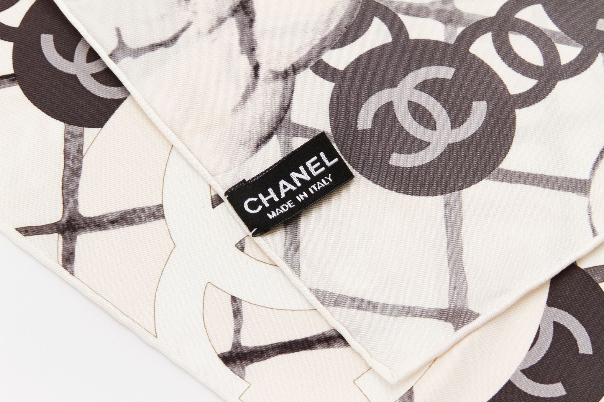 CHANEL Silk CC Logo Camellia Scarf White Black 62717