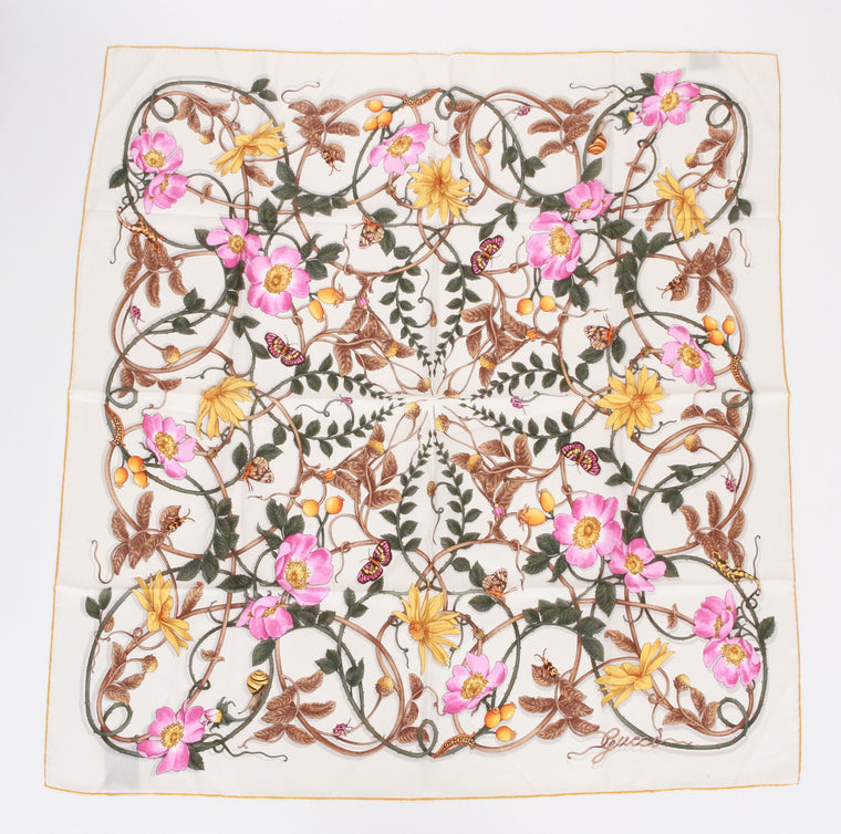 Gucci new white flowers silk scarf 35"