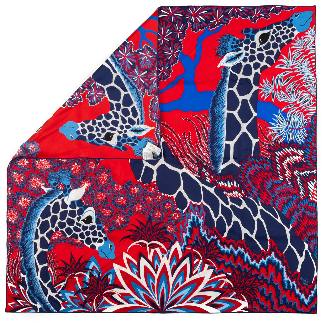 Hermès New Blue Red Giraffes Silk Scarf