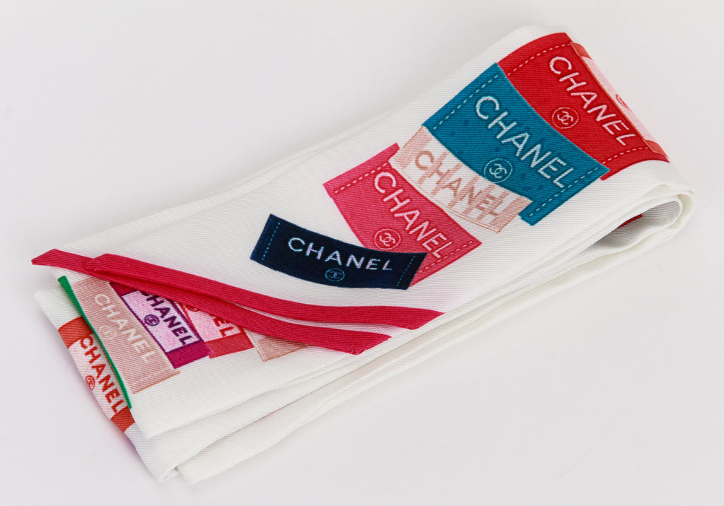 Chanel New White Silk Labels Twilly