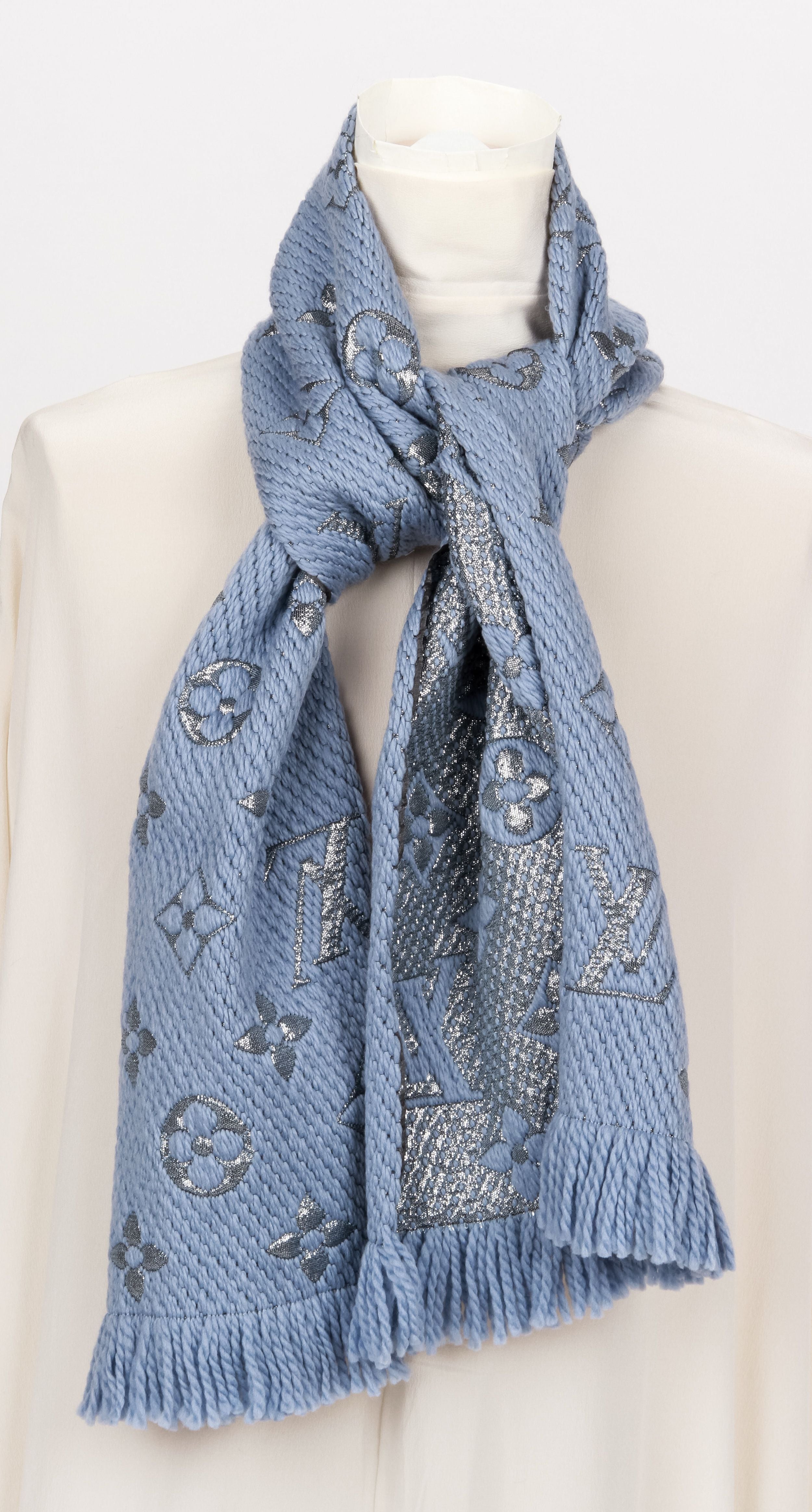 Louis Vuitton Ice Blue Wool and Silk Blend Logomania Shine Scarf