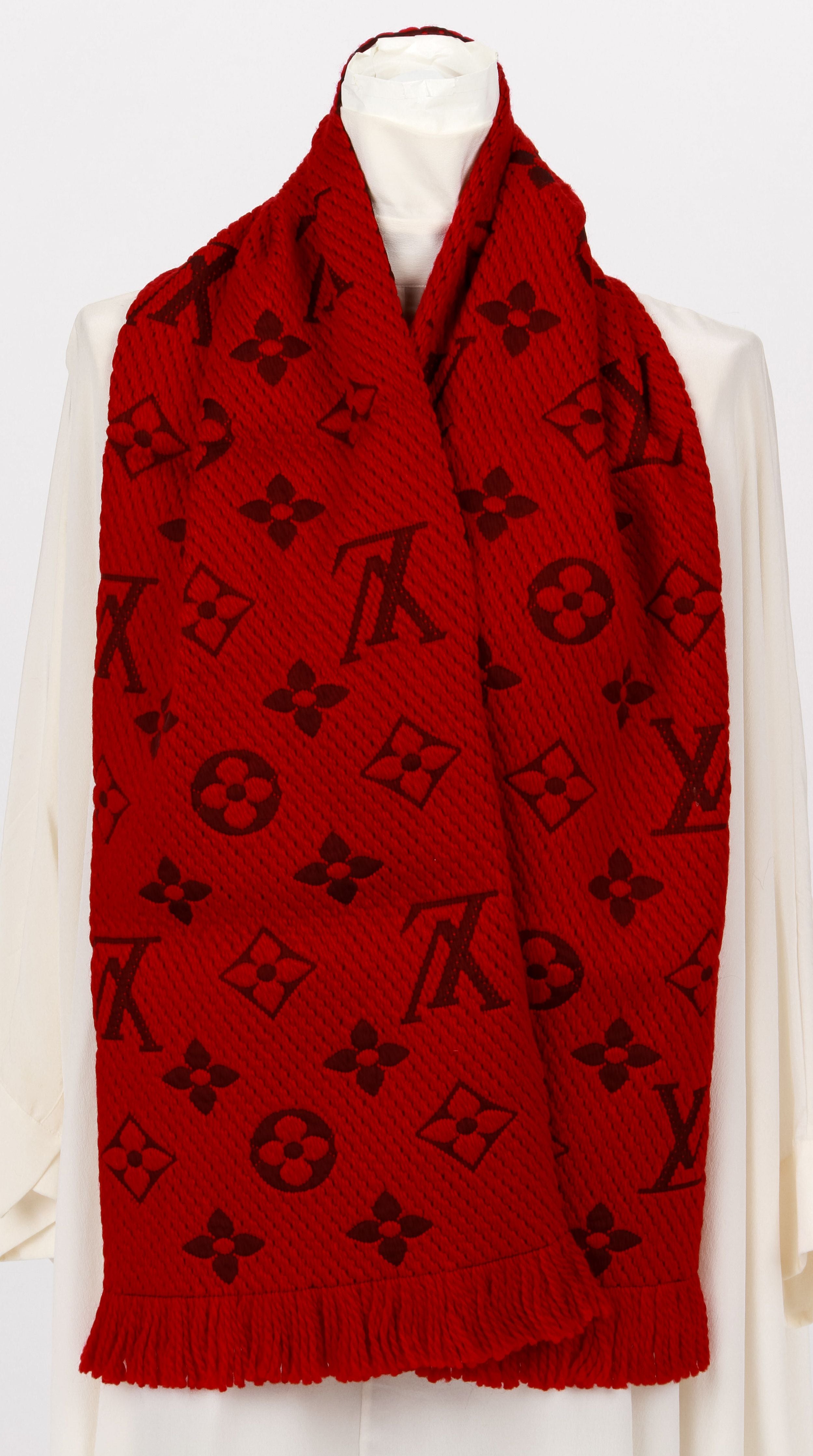 Louis Vuitton Burgundy Monogram Silk and Wool Shawl Scarf For Sale
