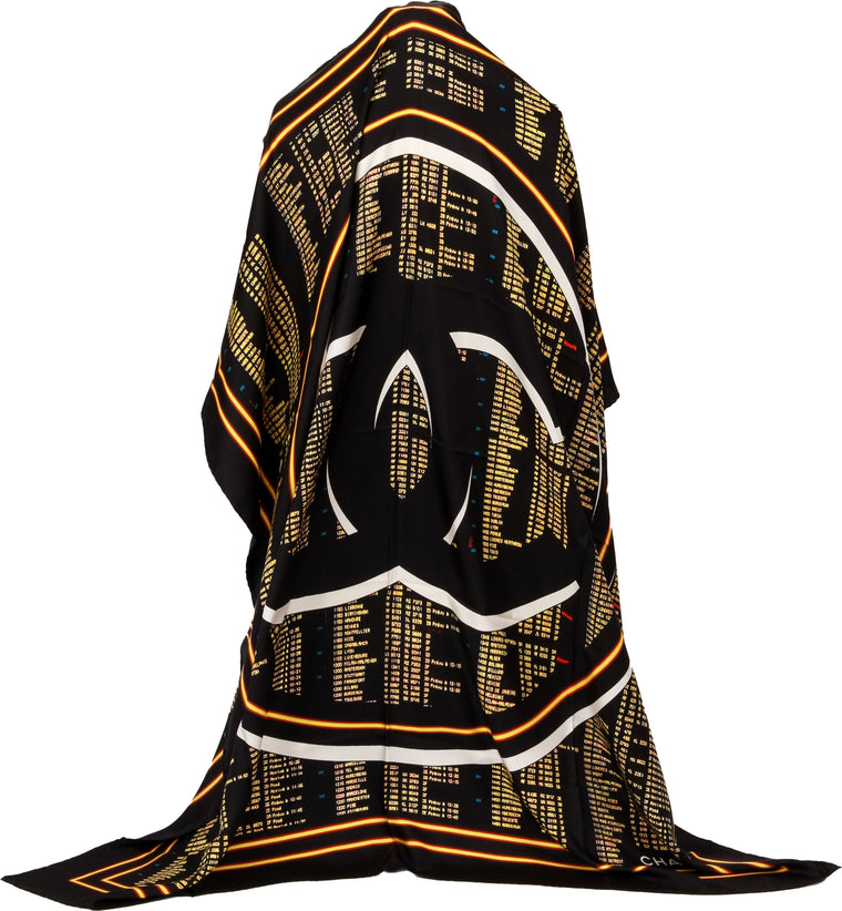 Chanel new black gold logo XL silk scarf