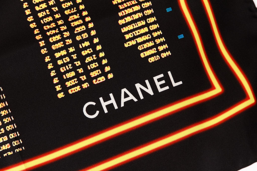 Chanel new black gold logo XL silk scarf