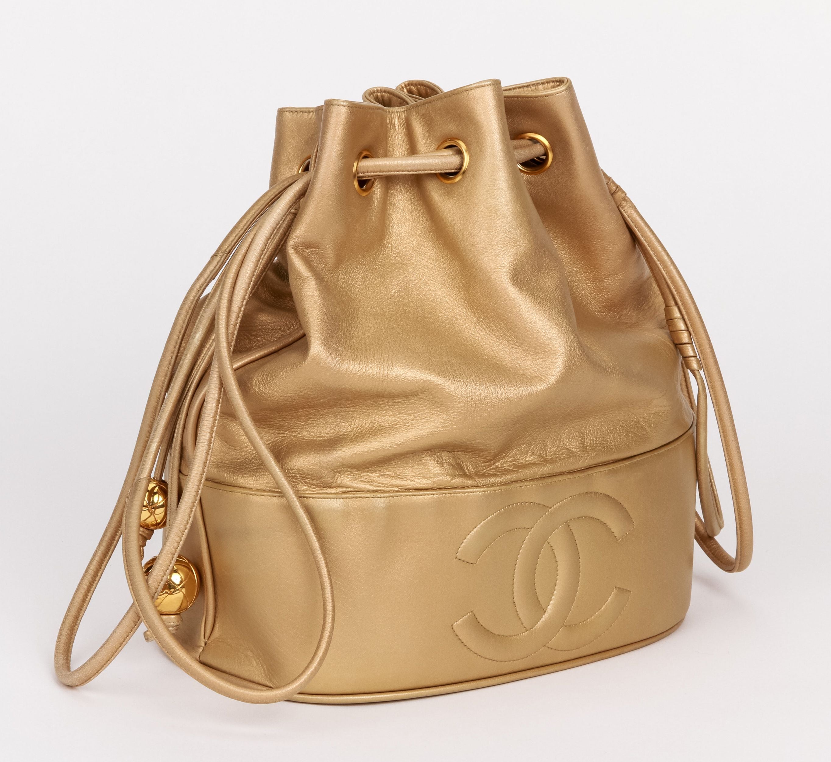 Chanel Vintage Chanel Black Lambskin Drawstring Bucket Bag + pouch
