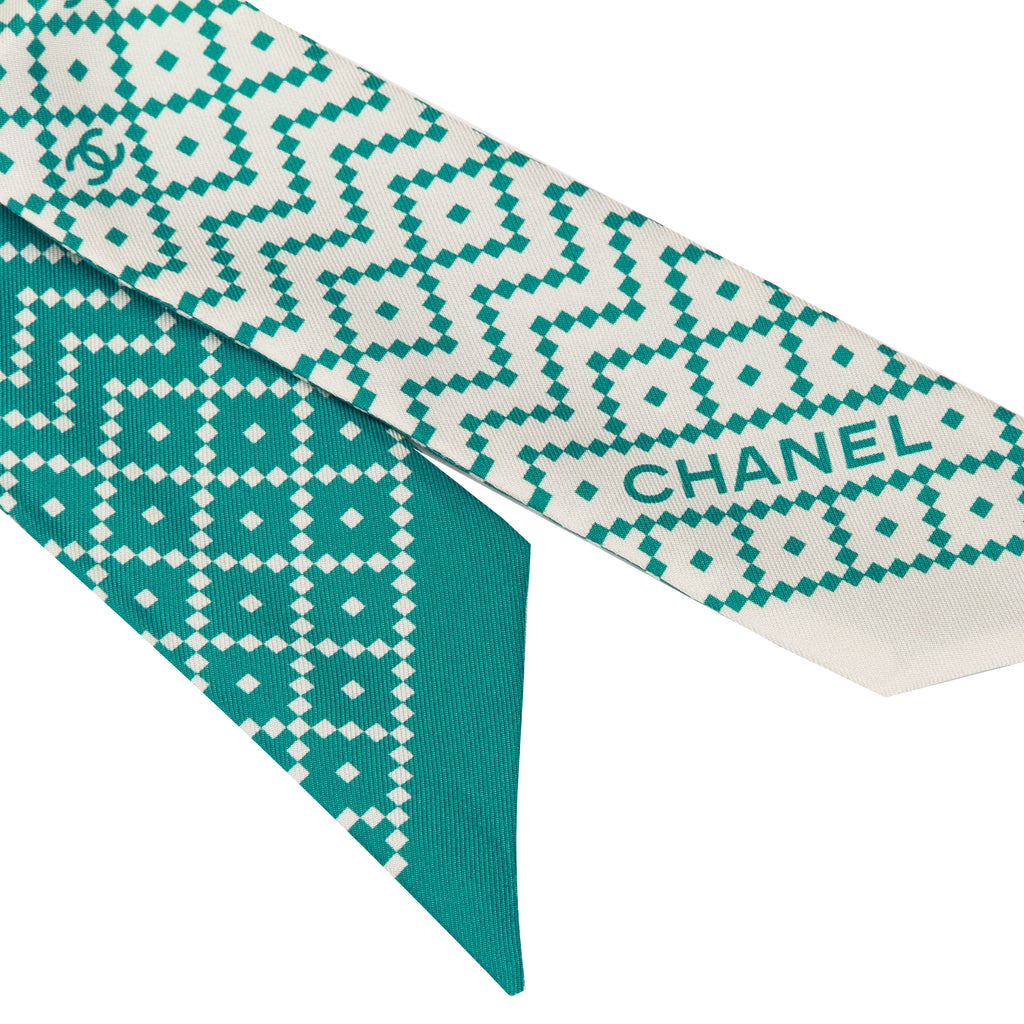 Chanel new green and white logo twilly