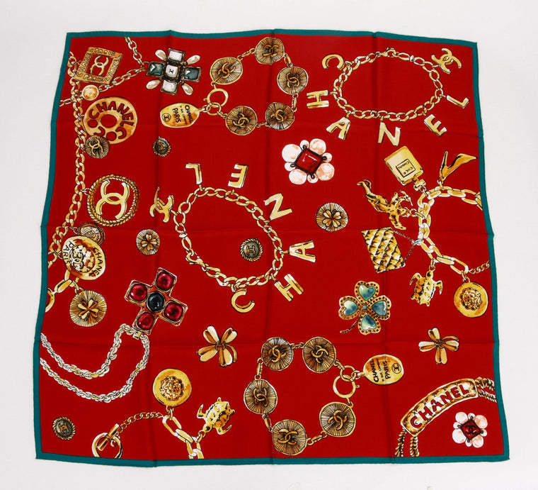 Chanel New 70s Jewelry Red Silk Scarf