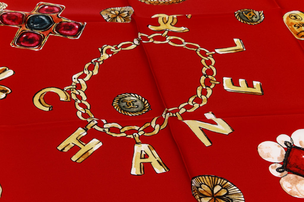 Chanel New 70s Jewelry Red Silk Scarf
