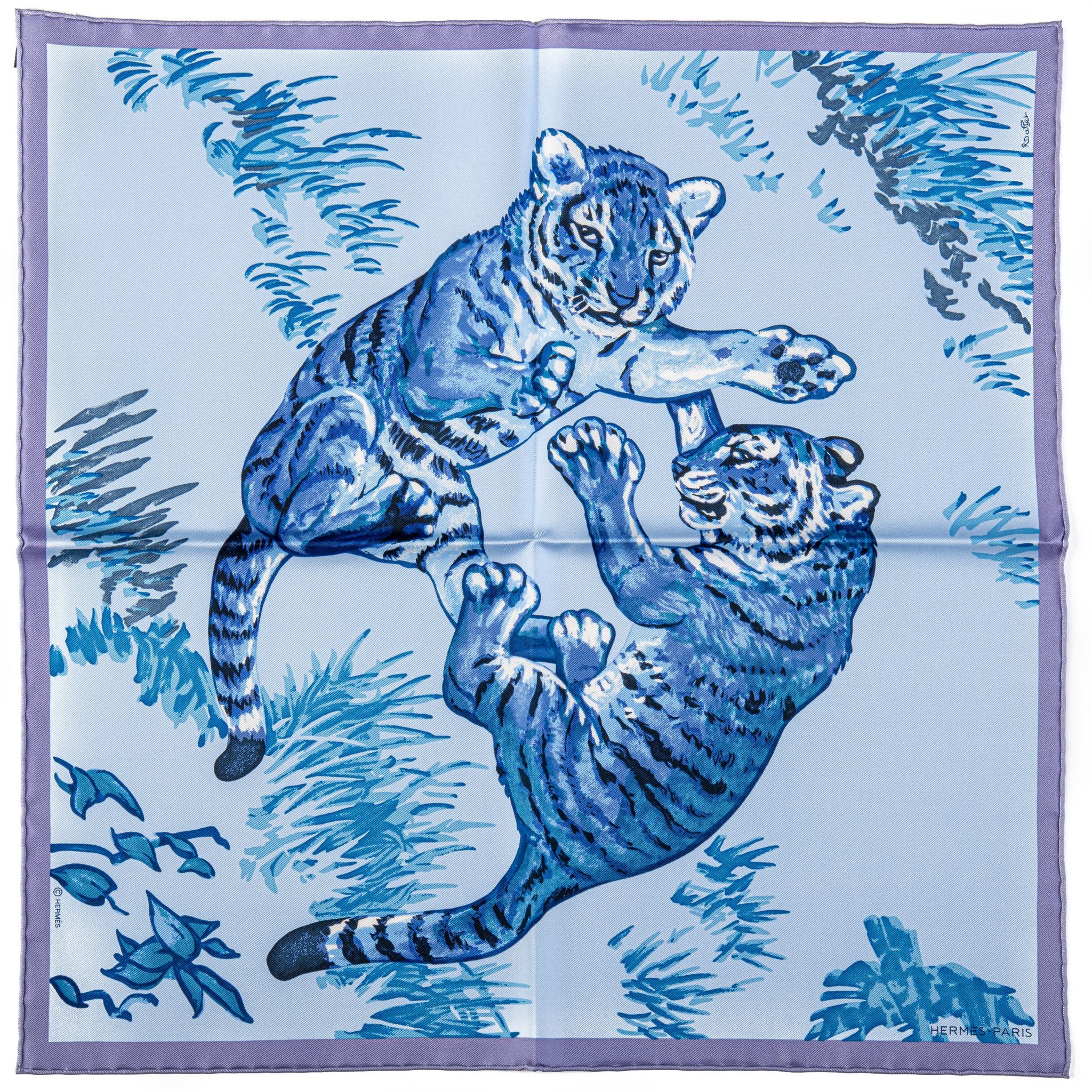 Hermes Blue Tiger Cubs Silk Gavroche - Vintage Lux