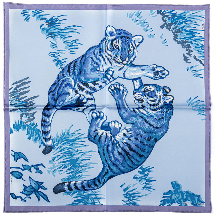 Hermes Blue Tiger Cubs Silk Gavroche