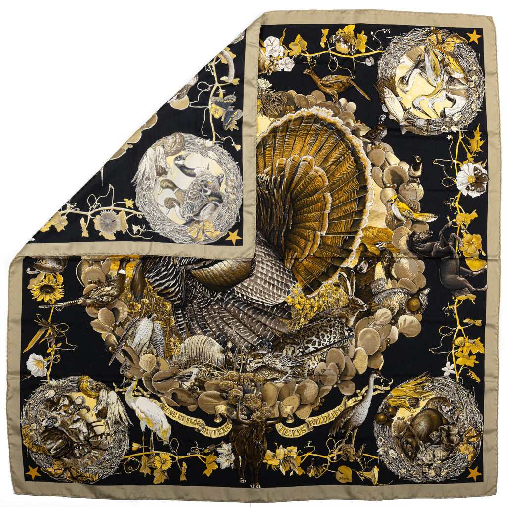 Hermès Black Texas Wildlife Silk Scarf