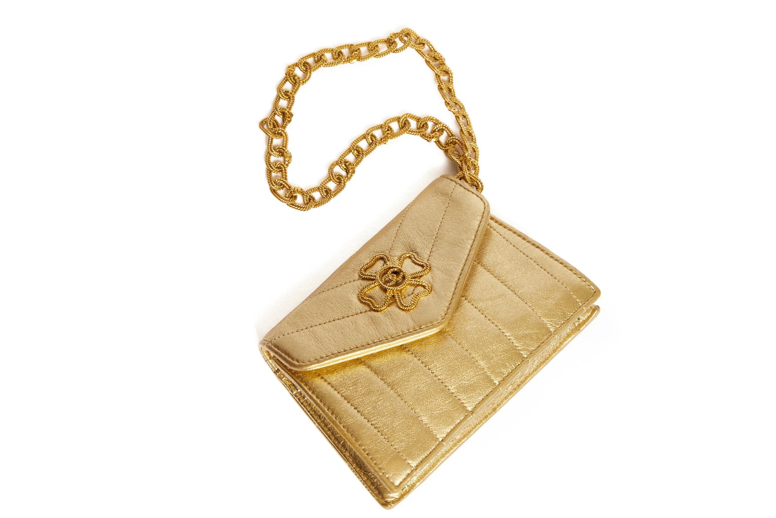 Chanel Gold Quilted Leather CC Crystal Logo Chain Flap Bag Chanel