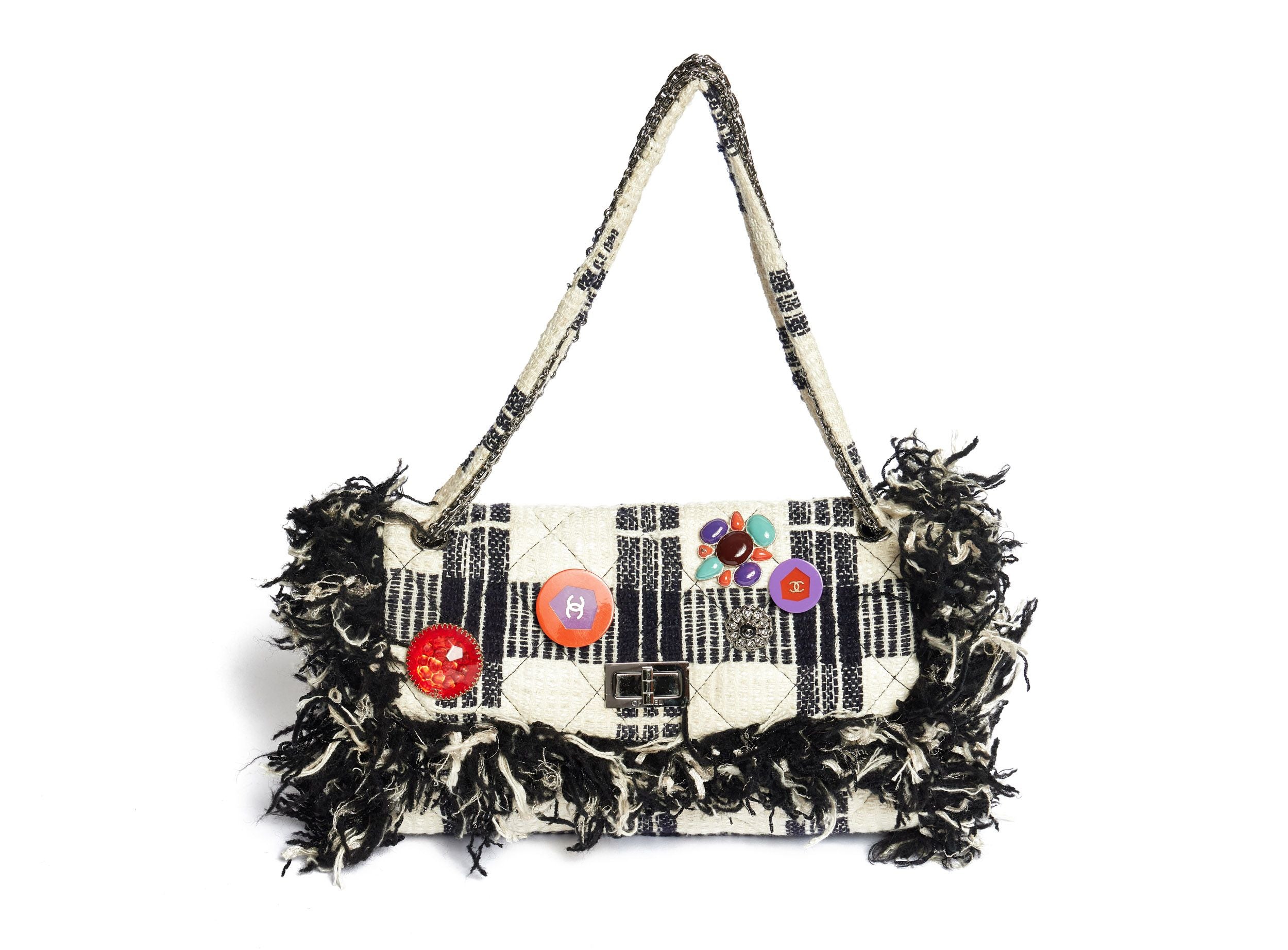 Chanel Fringe Bag Black White Vintage Lux