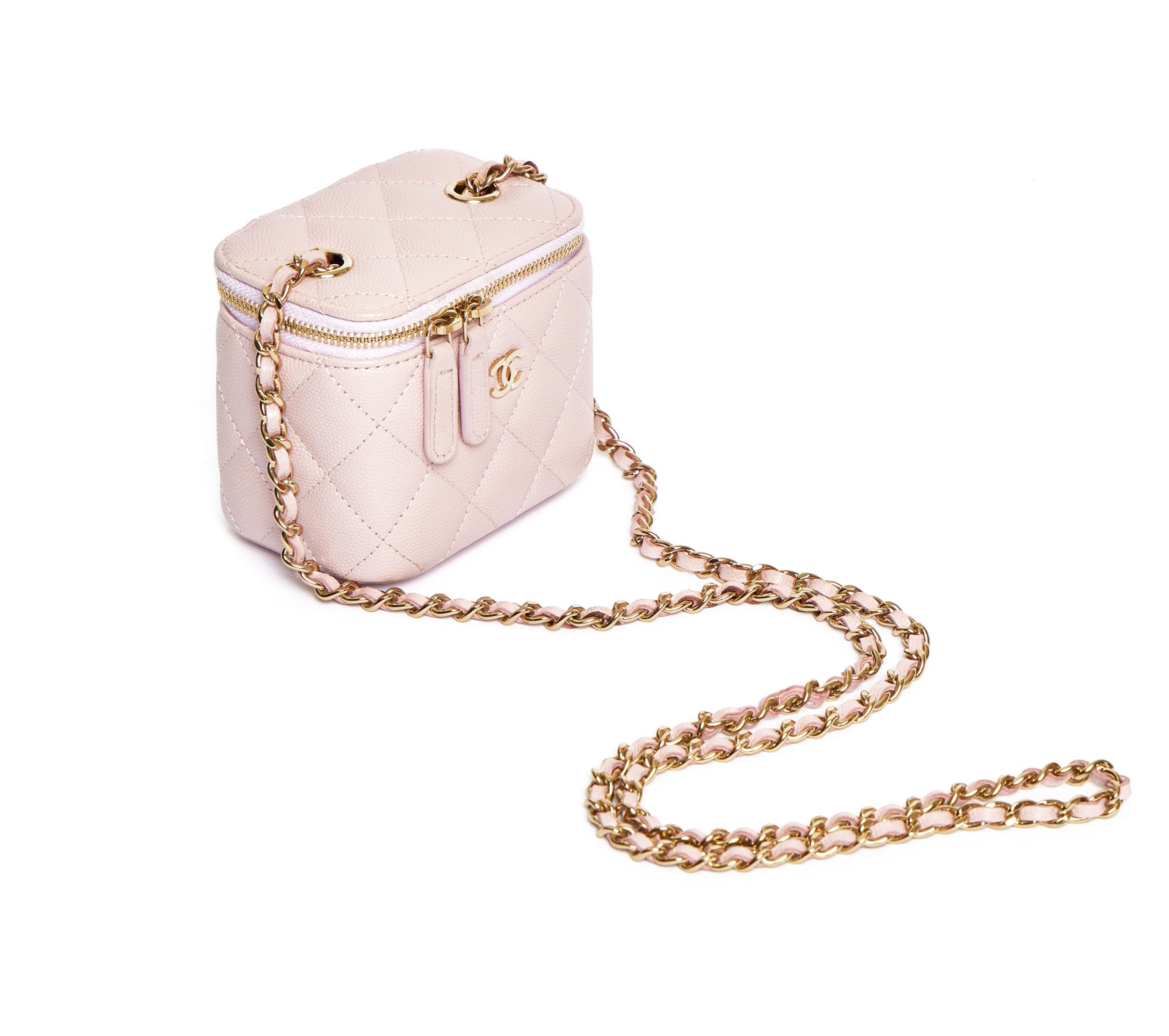 Chanel Pink Quilted Caviar Small Vanity Case On Chain Gold